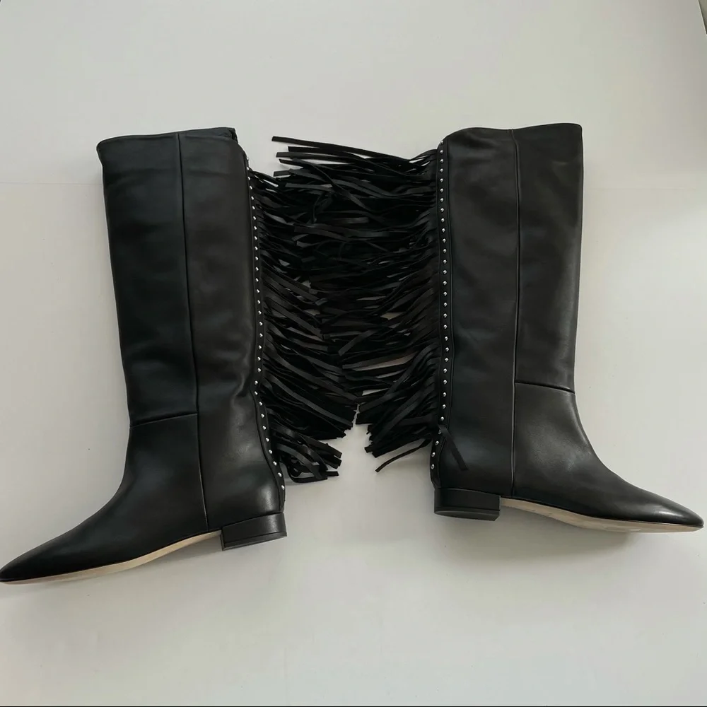 Saint Laurent Dana fringe stud knee high boots leather 8